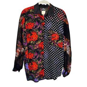 Vintage Judy Knapp Shirt Womens Medium Multicolor Floral Polka Dot Sheer USA